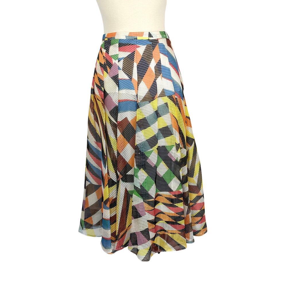 Akris Punto Mesh Midi Skirt Pleated Multi-Color Geometric US 12 - READ